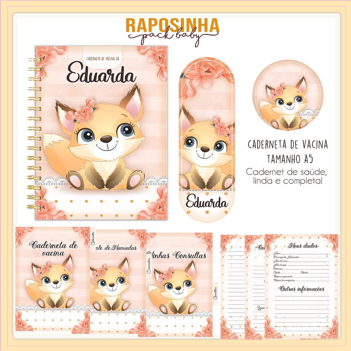 Caderneta de Vacina Raposinha Digital Personalizável 1 Conjunto de arte digital de caderneta de vacina infantil com tema de raposa