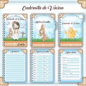 Design digital de capa e páginas internas para caderneta de vacina infantil personalizada.