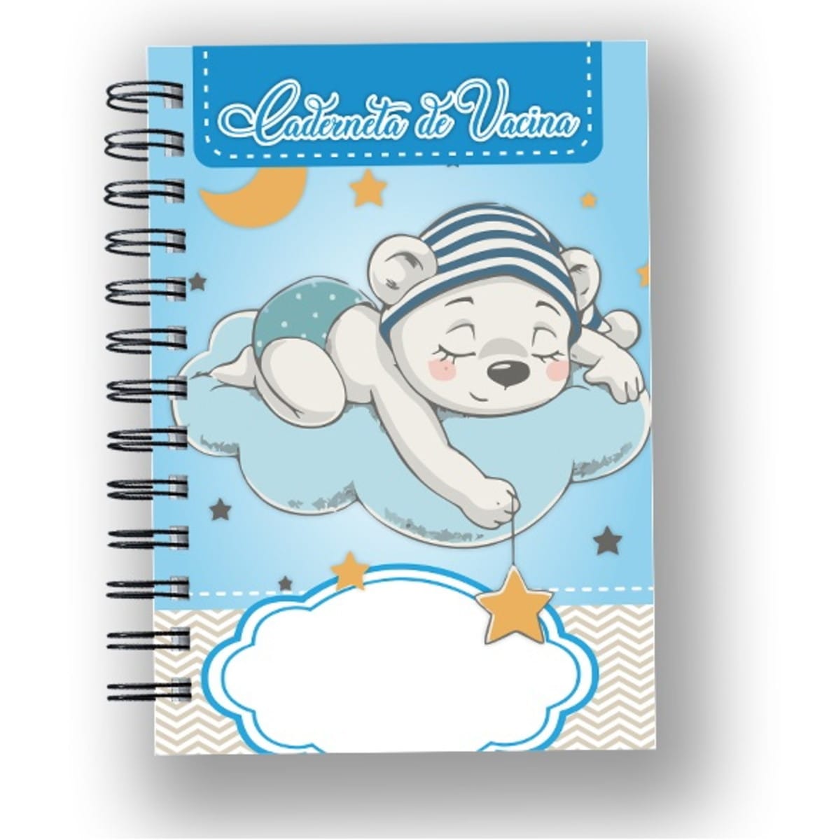 Caderneta de Vacina Digital Menino Tema Sonhe Alto 1 Caderneta de vacina com ursinho bebê dormindo em nuvem azul e estrelas.