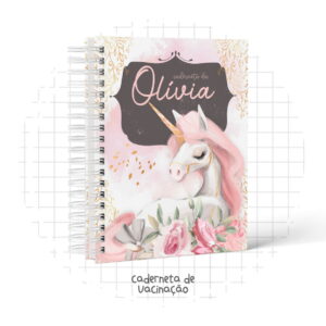Caderno espiralado rosa com ilustração de unicórnio e flores na capa