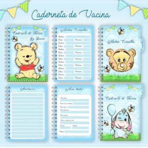 Arte digital de caderneta de vacina com ursinho e abelhas.