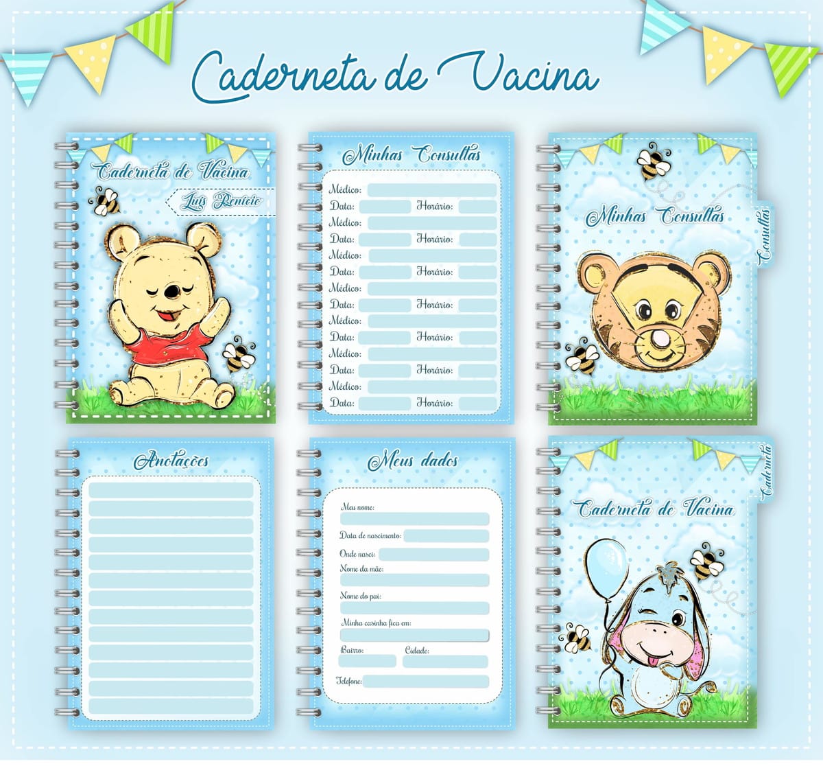 Caderneta de Vacina Ursinho Pooh Digital Personalizável 1 Arte digital de caderneta de vacina com ursinho e abelhas.