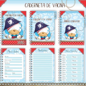 Kit digital de caderneta de vacina com urso pirata e fundo azul decorado.