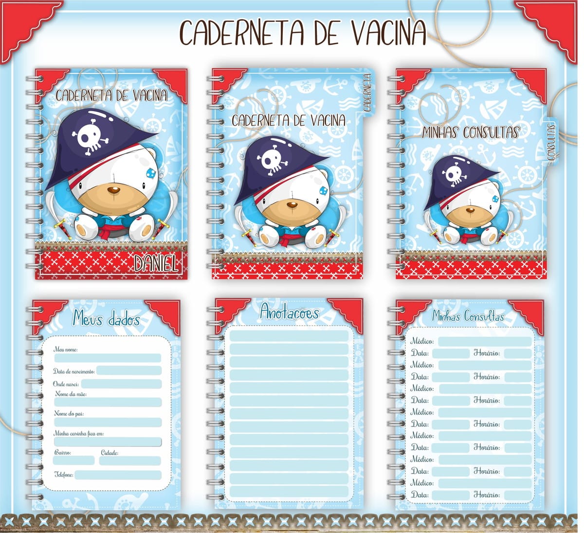 Caderneta de Vacina Urso Pirata Arquivo Digital Editável 1 Kit digital de caderneta de vacina com urso pirata e fundo azul decorado.