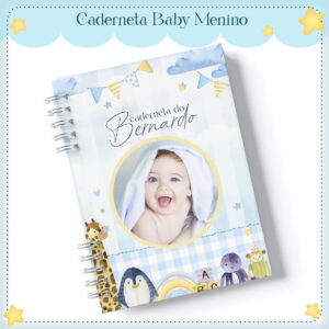 Caderneta de Vacinação Digital Menino com Foto 12 Caderneta espiral com capa azul clara, foto de bebê sorrindo e ilustrações infantis.