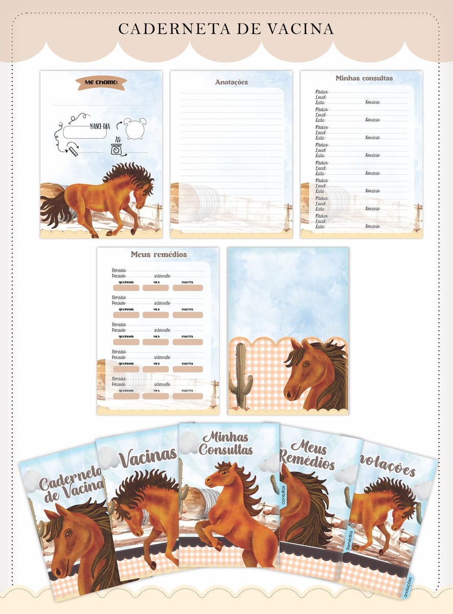 Caderneta de Vacinação Cavalos Arquivo Digital para Imprimir 2 Paginas decoradas com tema de cavalo para caderneta de vacina infantil.