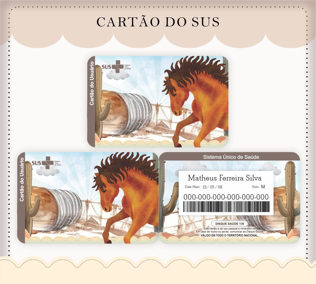 Caderneta de Vacinação Cavalos Arquivo Digital para Imprimir 3 Arte digital de cartão com ilustração de cavalo e cactos ao fundo.