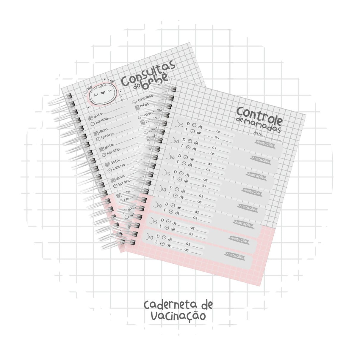 Caderneta de Vacinação Digital Coruja Escandinava 3 Duas cadernetas espiraladas com páginas quadriculadas e textos em português.