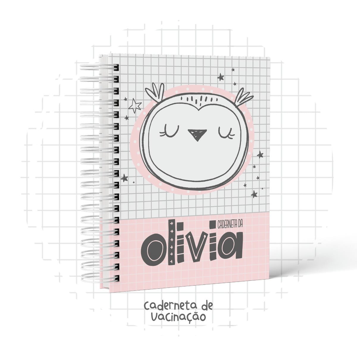 Caderneta de Vacinação Digital Coruja Escandinava 1 Caderno espiral com capa quadriculada, ilustração de coruja e faixa rosa na parte inferior.