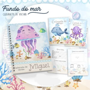 Caderneta espiralada com tema de fundo do mar com água-viva roxa e peixes
