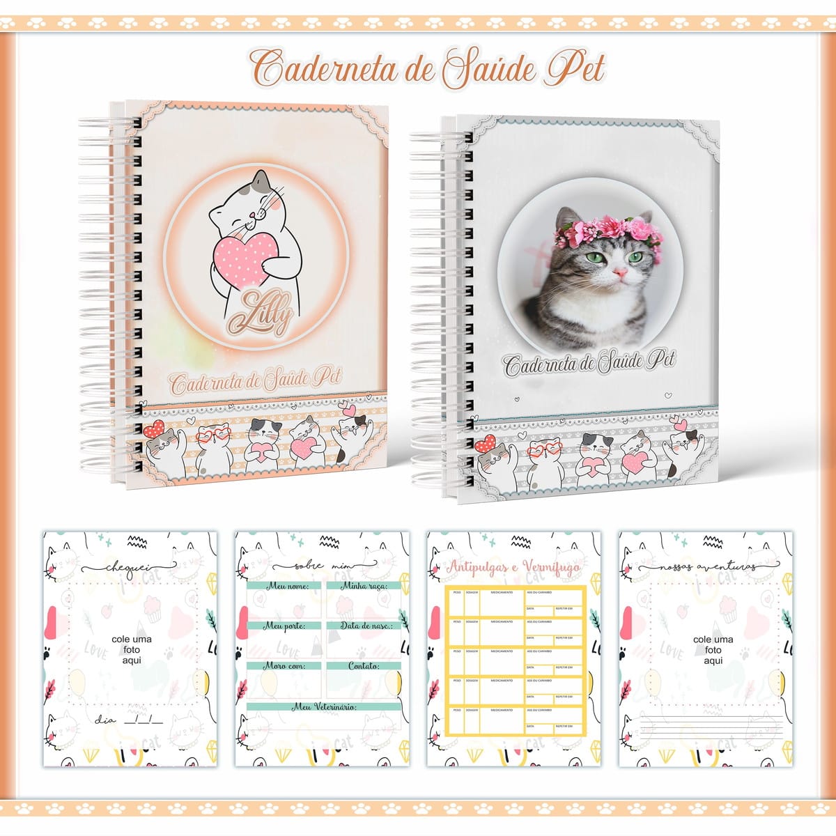 Caderneta de Vacinação Gata Fêmea Arquivo Digital 1 Duas cadernetas de saúde pet com temas de gatos e páginas internas ilustradas.