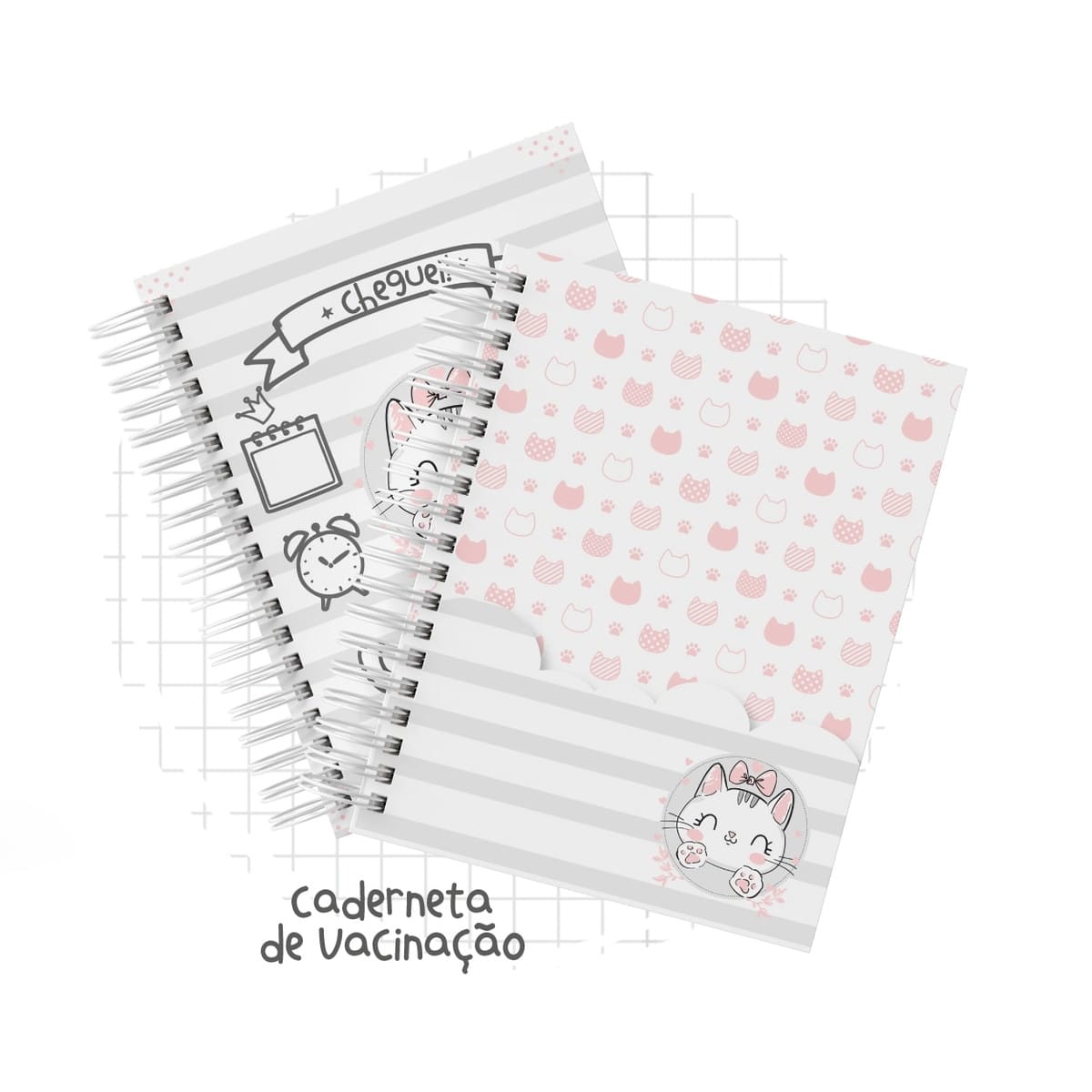 Caderneta de Vacinação Gatinha Digital para Imprimir 2 Duas cadernetas de vacinação infantis com tema de gatinho, rosa e cinza.