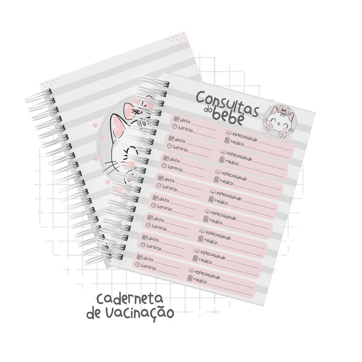 Caderneta de Vacinação Gatinha Digital para Imprimir 3 Arte digital de caderneta de vacinação e consultas do bebê com design de gatinho.
