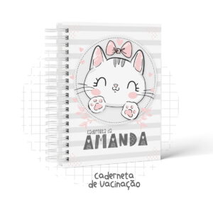 Caderneta de Vacinação Gatinha Digital para Imprimir 2 Arte digital de capa de caderneta com gato fofo e laço rosa.