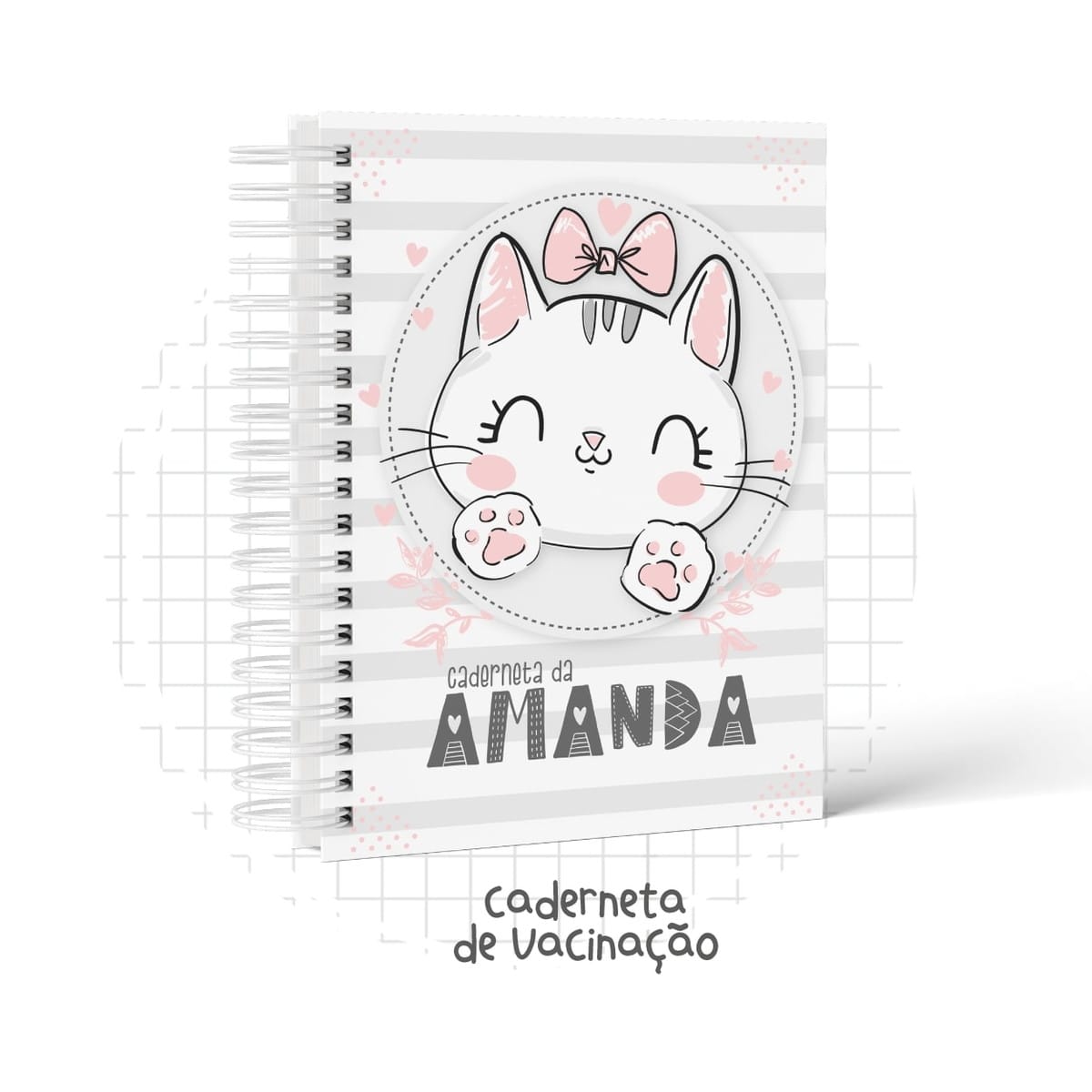 Caderneta de Vacinação Gatinha Digital para Imprimir 1 Arte digital de capa de caderneta com gato fofo e laço rosa.