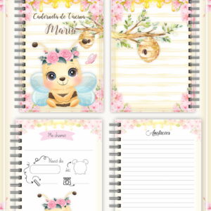 Caderneta de Vacinação Infantil Abelhinha Fofa em PDF 12 Arte digital de caderneta personalizada com tema de abelhinha e flores rosa.
