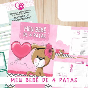 Arte digital de documentos e caderneta para pets com tema rosa e cachorrinho.
