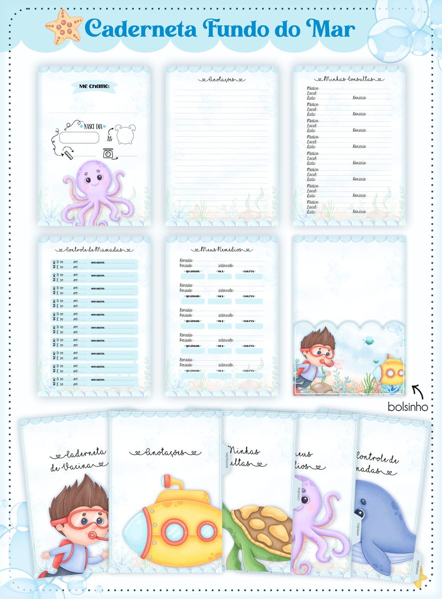 Caderneta de Vacinação Personalizada Tema Fundo do Mar 2 Paginas decoradas com tema de fundo do mar para caderneta infantil