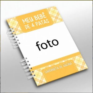 Caderno espiral amarelo e branco com textos em português sobre pet