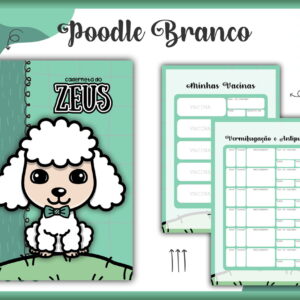 Capa e páginas internas de uma caderneta com desenho de cachorro branco.