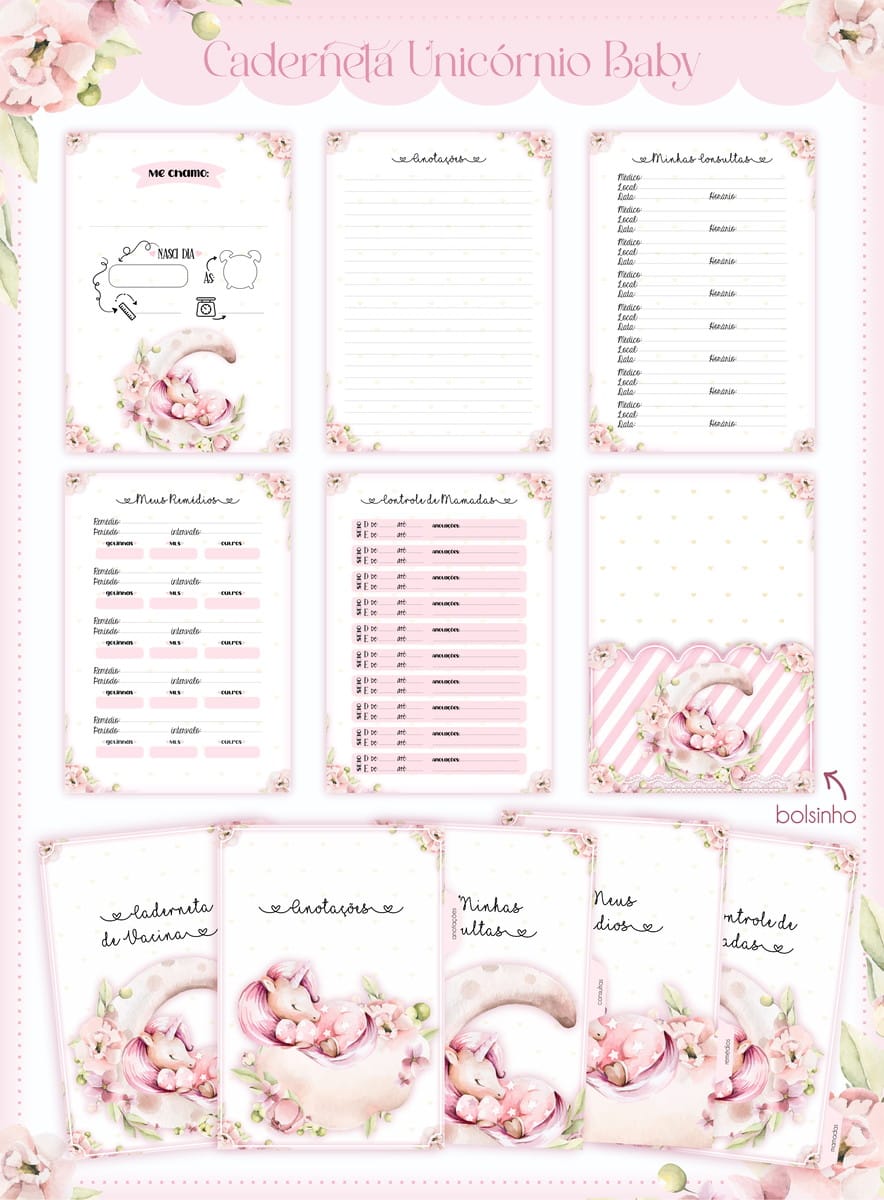 Caderneta de Vacinação Unicórnio Baby Digital 2 Apresentação de páginas decoradas em tons de rosa com tema infantil.