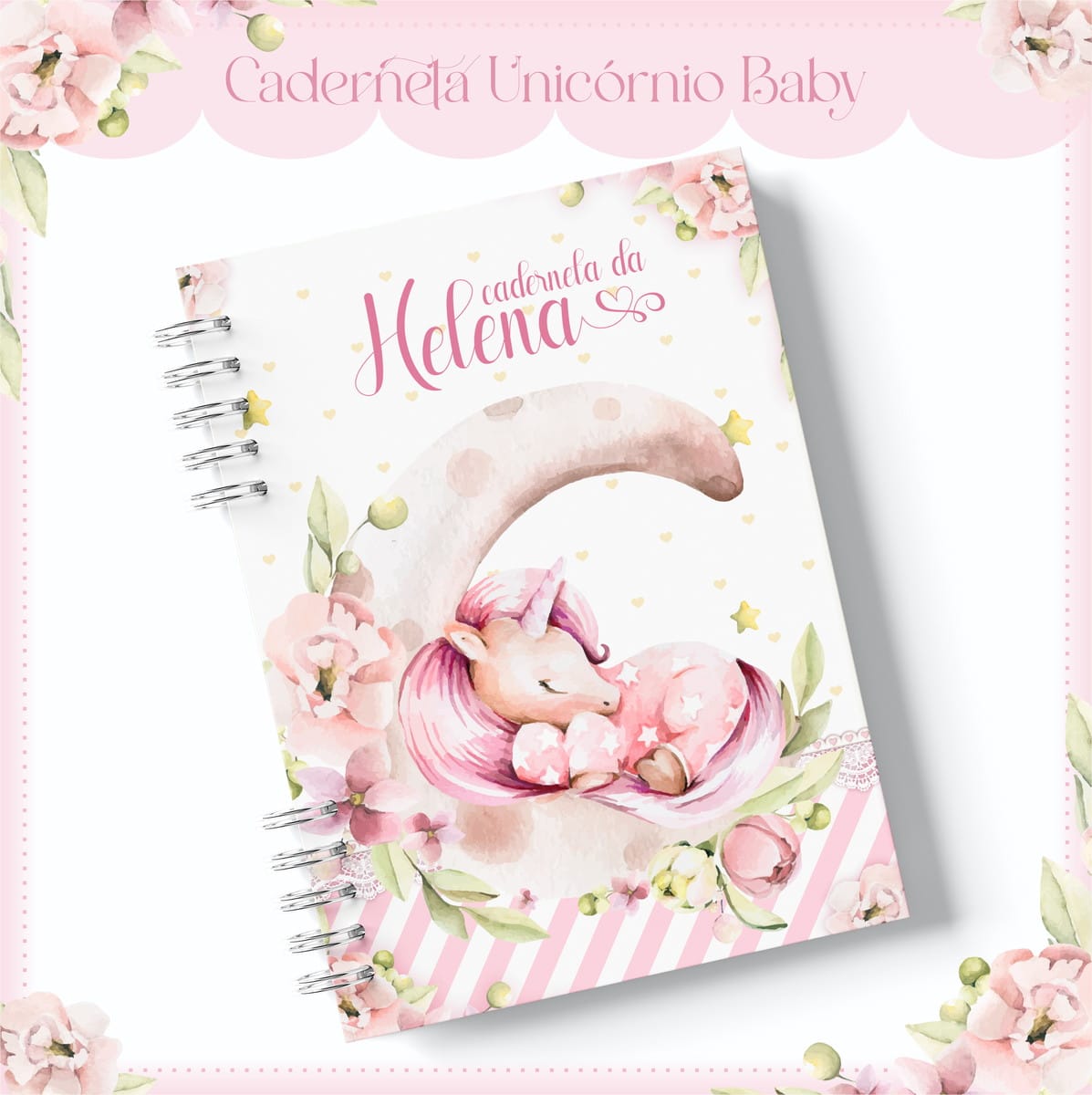 Caderneta de Vacinação Unicórnio Baby Digital 1 Caderno com espiral metálico decorado com ilustração em aquarela de unicórnio dormindo.