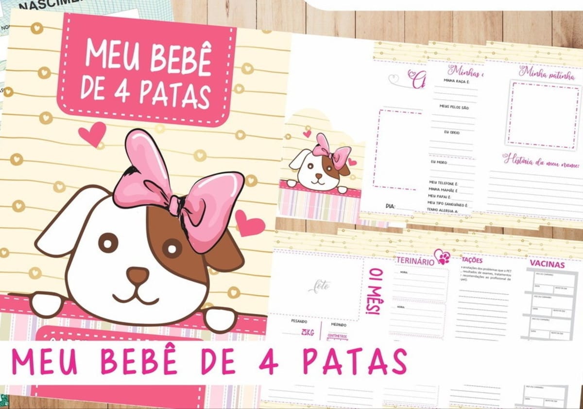 Caderneta de Vacinas e Momentos para Cachorrinha 2 Capa de caderno digital com ilustração de cachorrinho e laço rosa sobre fundo bege