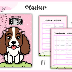 Caderneta digital rosa para pets com ilustração de cachorro e páginas de vacinação.
