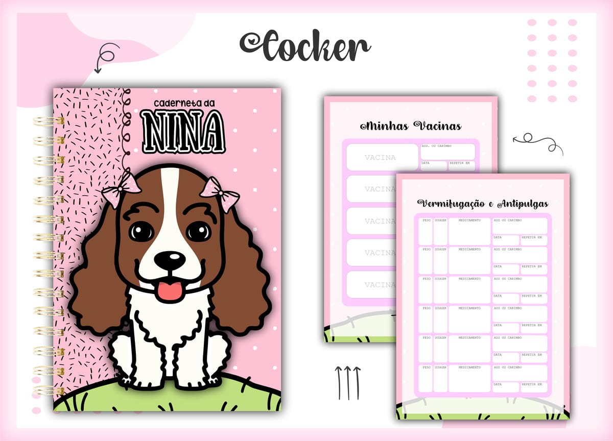Caderneta de Vacinação Cocker Digital para Pet 1 Caderneta digital rosa para pets com ilustração de cachorro e páginas de vacinação.
