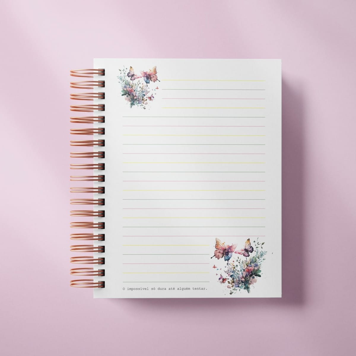Caderno A5 de Borboletas em Aquarela para Imprimir 4 Caderno espiral com folhas pautadas decoradas com borboletas e flores coloridas.