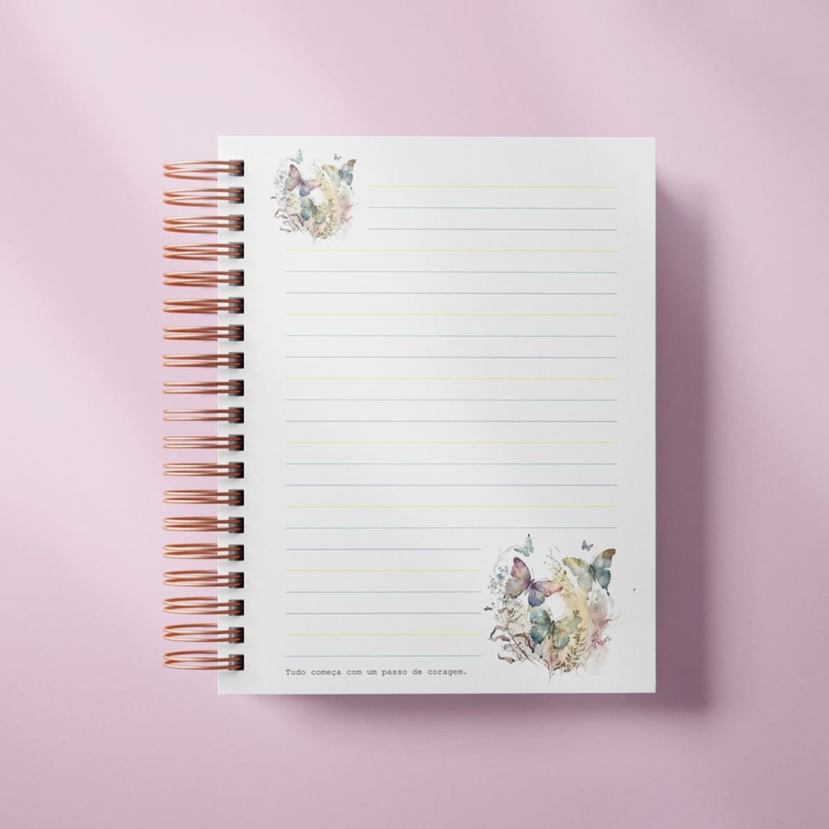Caderno A5 de Borboletas em Aquarela para Imprimir 5 Caderno espiral aberto com folhas pautadas e ilustrações delicadas de borboletas