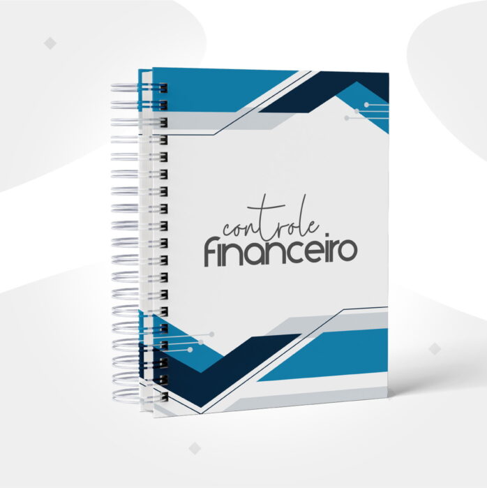 Caderno Controle Financeiro Masculino Digital para Imprimir 53 Arte digital de planner de controle financeiro com capa geométrica azul e branca.