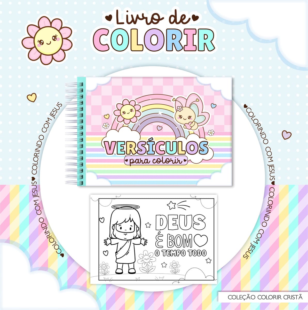 Caderno de Colorir Versículos Digital para Sublimação 1 Capa de livro de colorir com arco-íris e elementos fofos estilo kawaii.