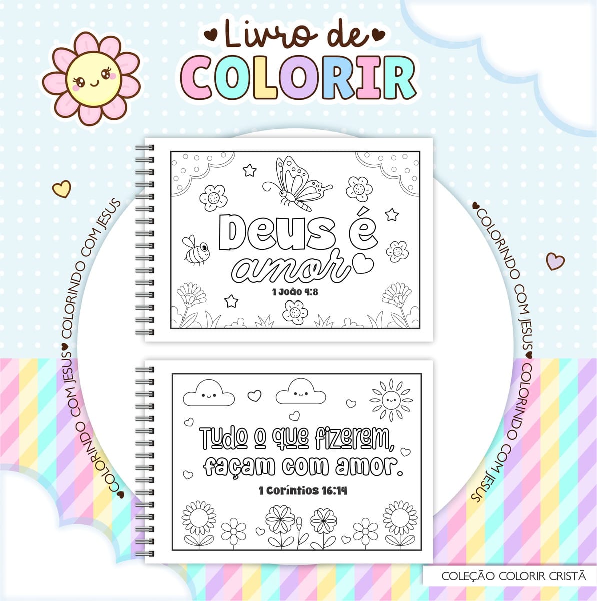 Caderno de Colorir Versículos Digital para Sublimação 3 Dois cadernos de espiral com ilustrações para colorir sobre fundo azul com bolinhas.
