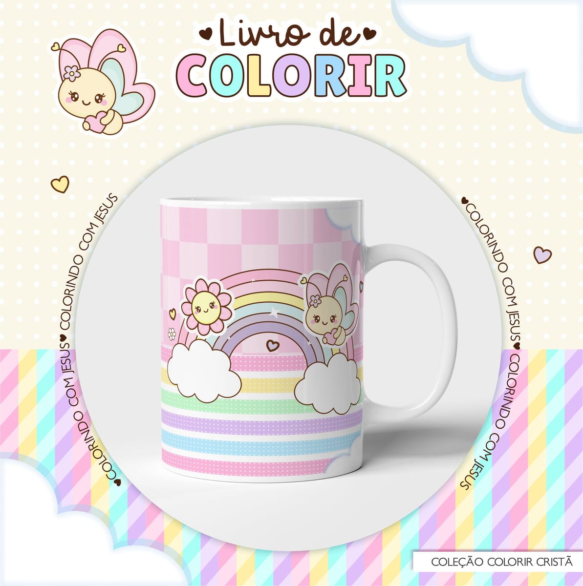 Caderno de Colorir Versículos Digital para Sublimação 5 Caneca branca estampada com arco-íris, nuvens, flor e fada em estilo fofo.