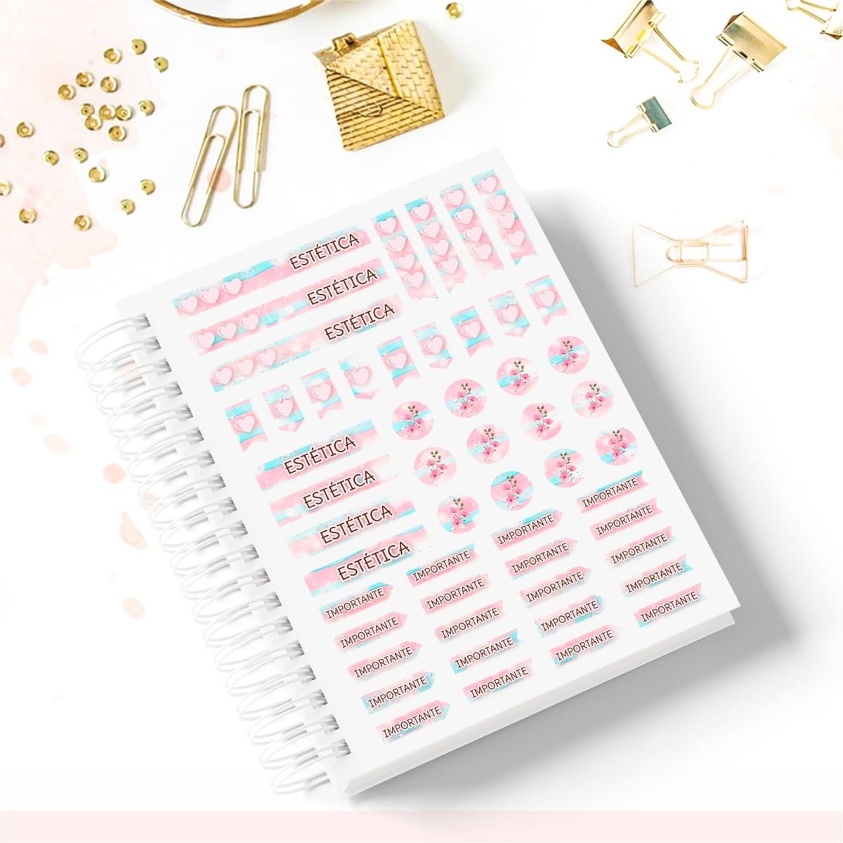 Caderno de Estética Digital Personalizável para Revenda 3 Caderno espiral com folha de adesivos decorativos coloridos e itens de papelaria