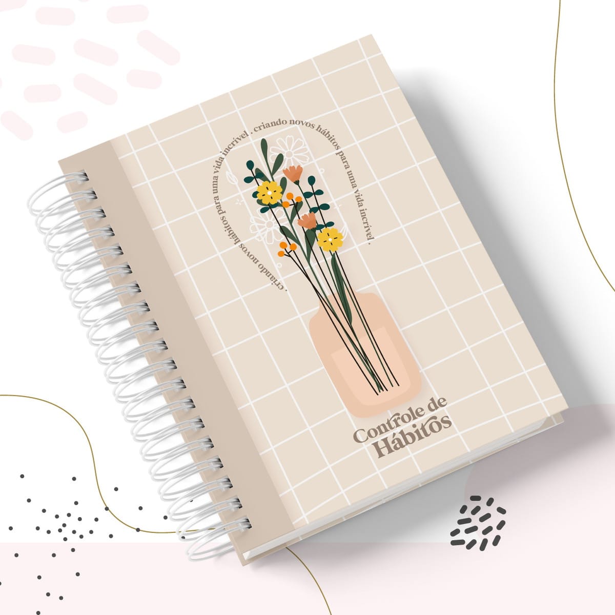Caderno de Hábitos Digital em PDF para Imprimir 1 Capa de planner digital com flores em vaso e texto 'Controle de Hábitos'.
