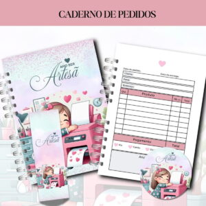 Caderno de pedidos encadernado com ilustração de menina usando uma impressora cor de rosa.