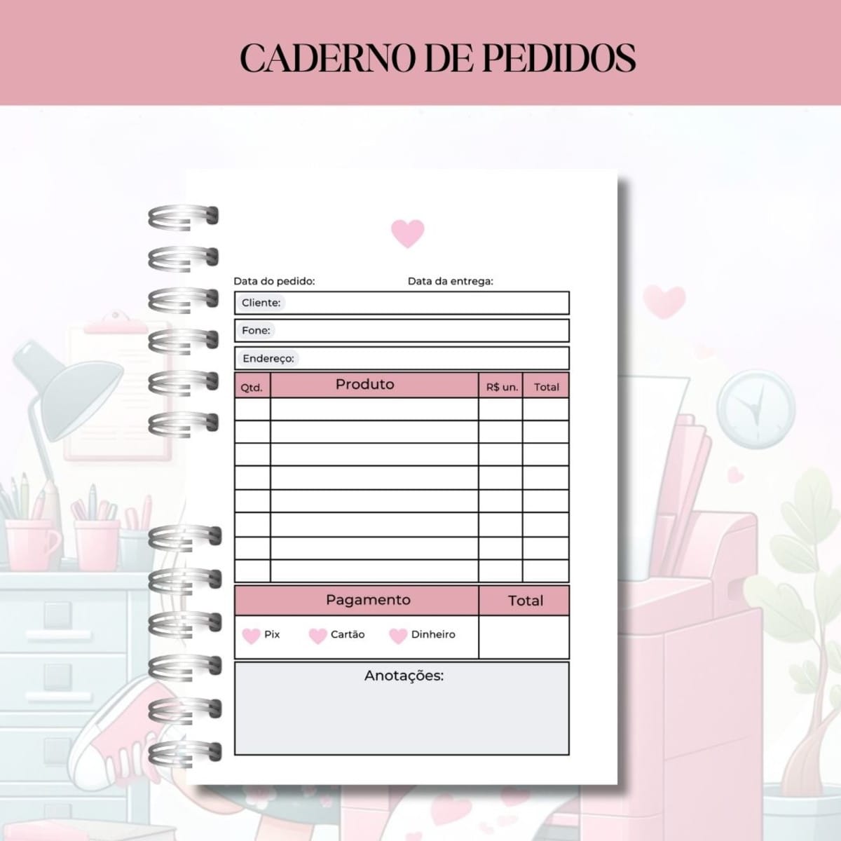 Caderno de Pedidos Artesã Digital Arquivo Para Imprimir 4 Página de caderno de pedidos com campos organizados em fundo rosa decorado.