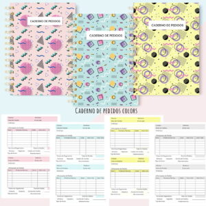 Três capas de cadernos coloridas com padrões geométricos e folhas de pedidos correspondentes abaixo.