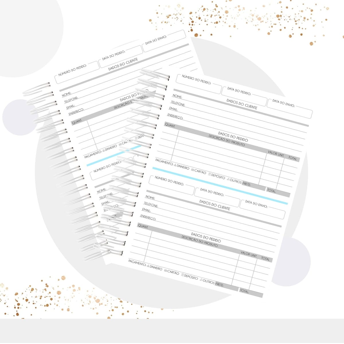 Caderno de Pedidos Masculino Digital para Personalizar 4 Blocos de anotações espiralados com campos para preenchimento de pedidos sobre fundo decorado.