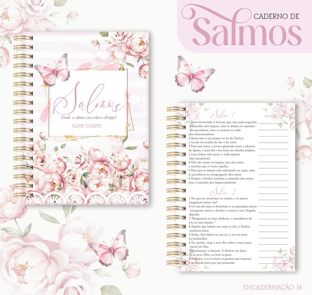 Caderno de Salmos para Imprimir Kit Digital Completo 2 Caderno espiral decorado com flores rosas e borboletas sobre fundo branco.