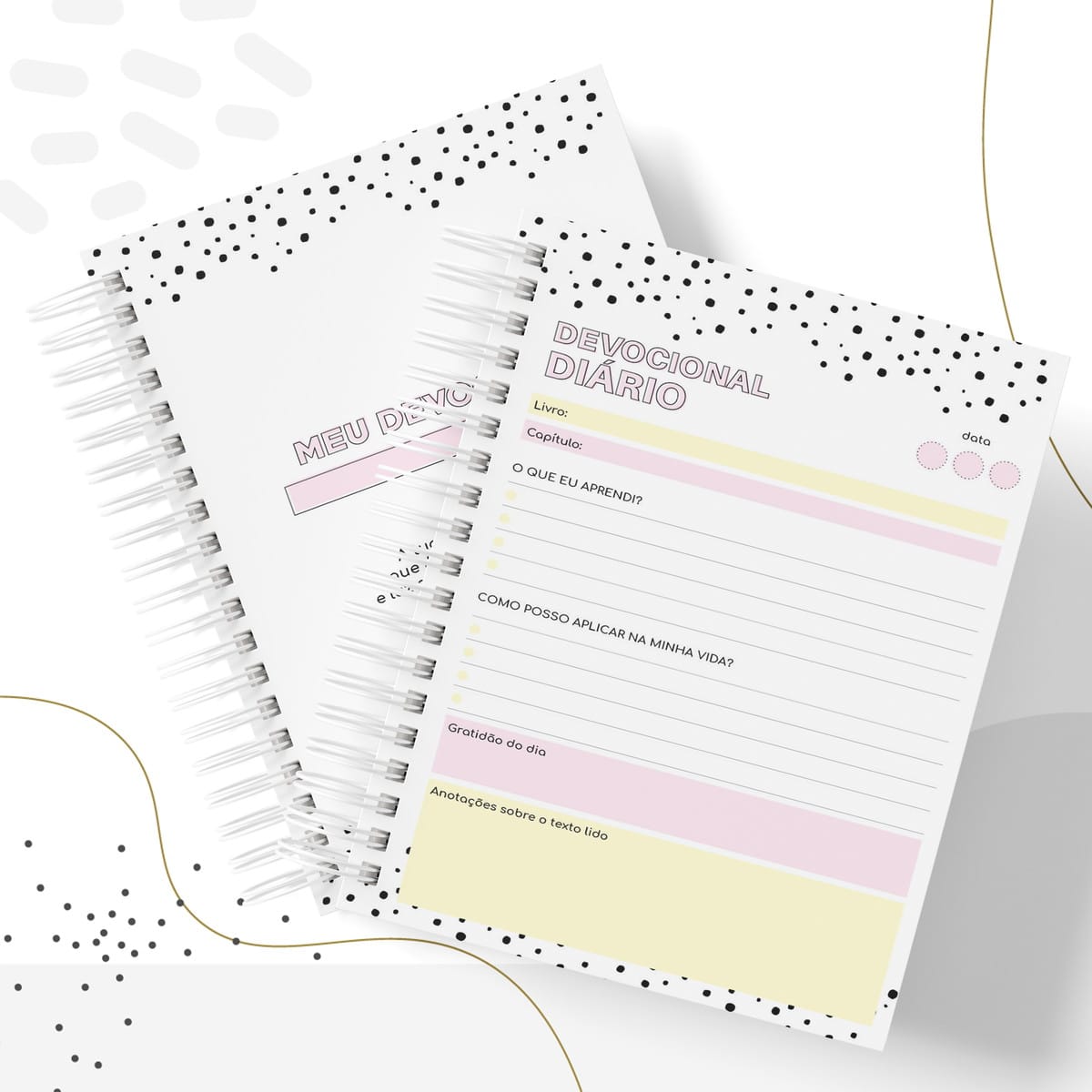 Caderno Devocional Infantil Digital Personalizável A5 3 Dois cadernos de espiral com capas decoradas exibem páginas internas pautadas para anotações.