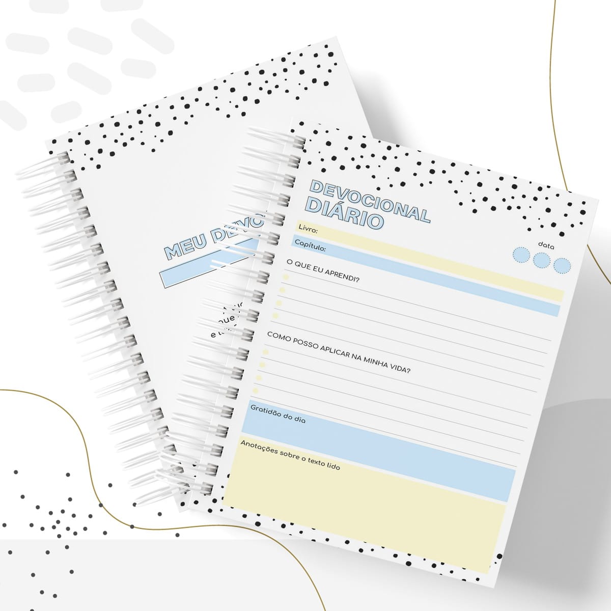 Caderno Devocional Infantil Digital Personalizável A5 4 Dois cadernos de espiral brancos com páginas impressas e detalhes em preto e azul.