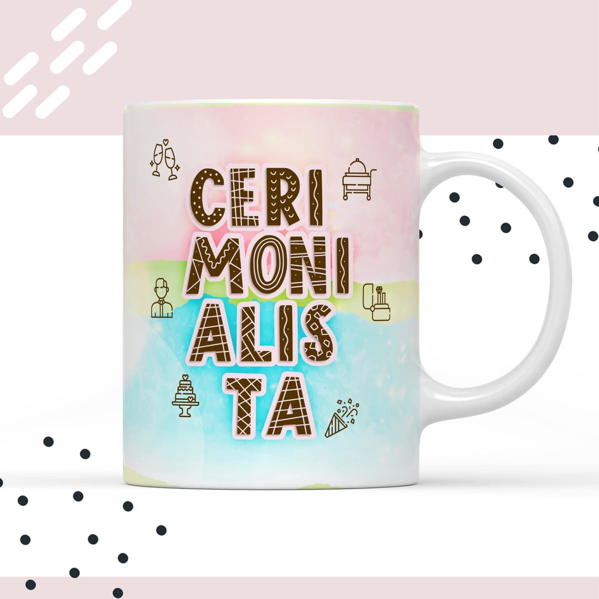 Caderno Digital Cerimonialista para Agendas Encantadoras 2 Caneca branca estampada com letras marrons e fundo em aquarela colorida.