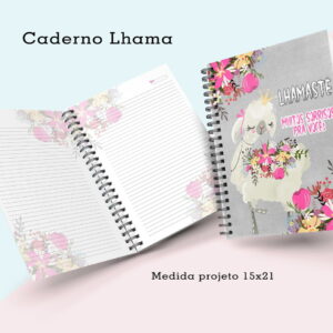 Caderno Digital Lhama Floral para Imprimir e Personalizar 13 Caderno espiral aberto e fechado exibindo capa ilustrada com lhama e flores.