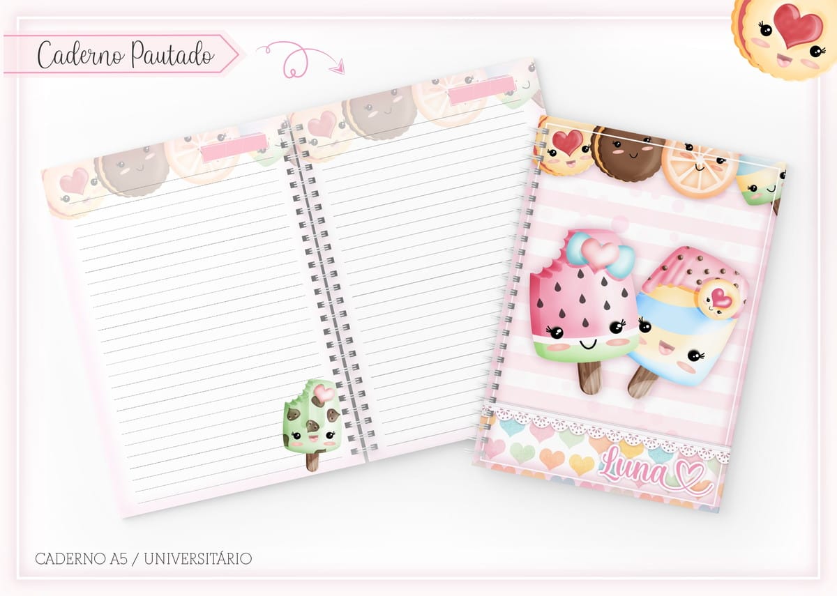 Caderno Escolar Kawaii Menina Arquivo Digital para Imprimir 2 Caderno pautado aberto e fechado com ilustração de sorvetes fofos e doces coloridos