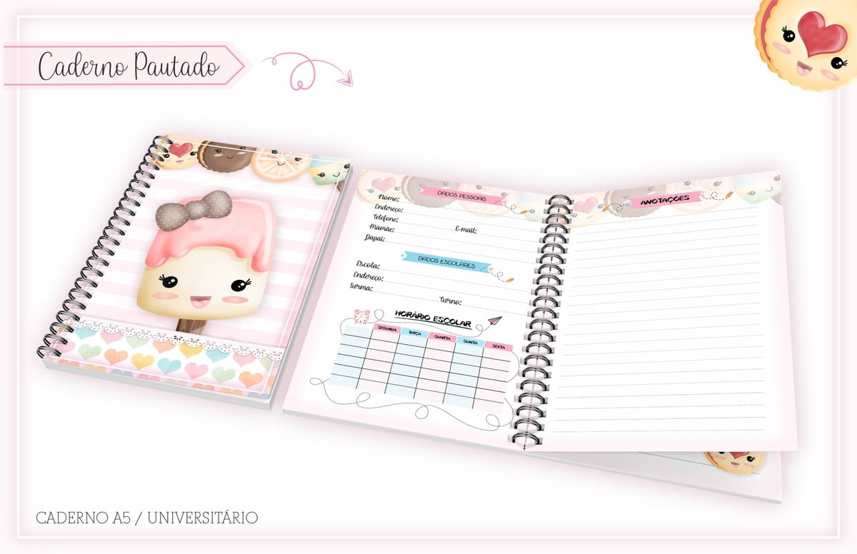 Caderno Escolar Kawaii Menina Arquivo Digital para Imprimir 1 Caderno pautado espiralado com capa decorada com ilustração de picolé fofo.