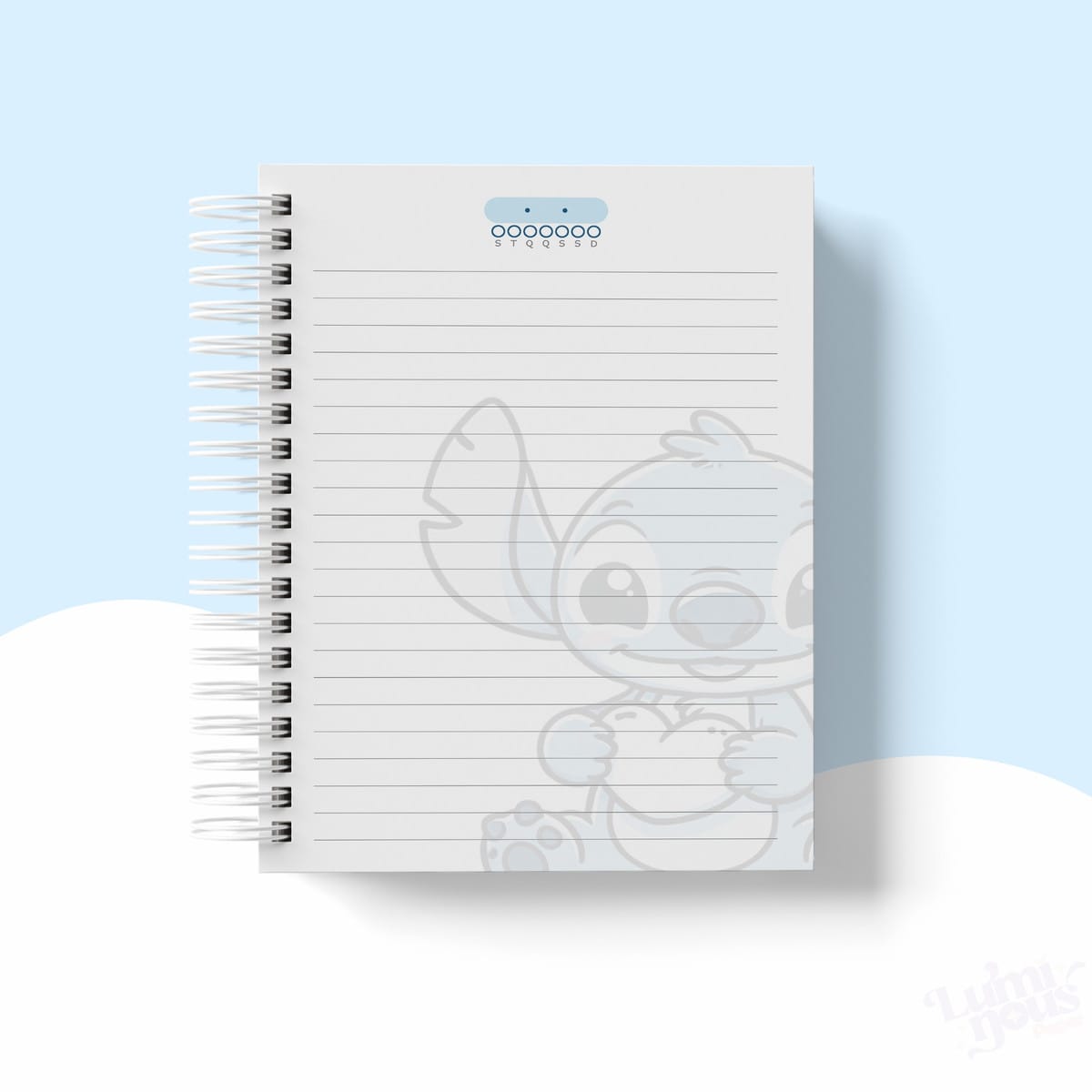 Caderno Escolar Stitch Personalizado com Arquivos Digitais 2 Caderno pautado com espiral branca e desenho de personagem animado na folha