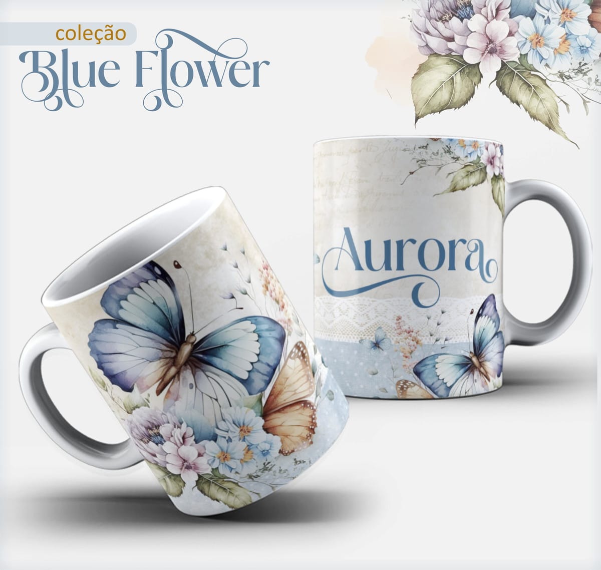 Caderno Feminino Blue Digital para Personalizar 2 Duas canecas brancas estampadas com borboletas azuis e flores delicadas em aquarela.